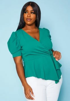 Plus Size Puff Sleeve Wrap Peplum Blouse -Asoph Sales Shop 2020884 001 2