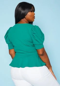 Plus Size Puff Sleeve Wrap Peplum Blouse -Asoph Sales Shop 2020884 001 4