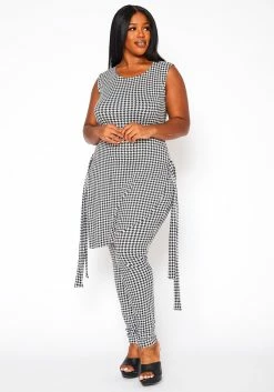 Plus Size Houndstooth Print Sleeveless Two Piece Set