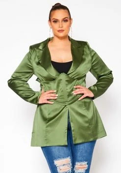 Plus Size Satin Blazer & Corset Set