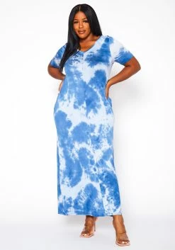 Plus Size Tie Dye V-Neck Short Sleeve Maxi Dress