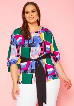 Plus Size Abstract Pattern Waist Tie Blouse
