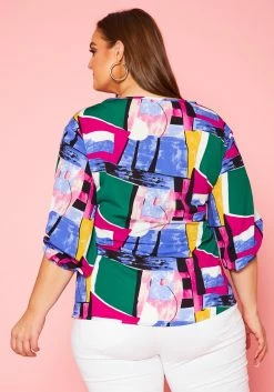 Plus Size Abstract Pattern Waist Tie Blouse -Asoph Sales Shop 2020966 001 4