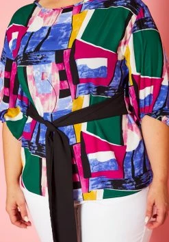 Plus Size Abstract Pattern Waist Tie Blouse -Asoph Sales Shop 2020966 001 5