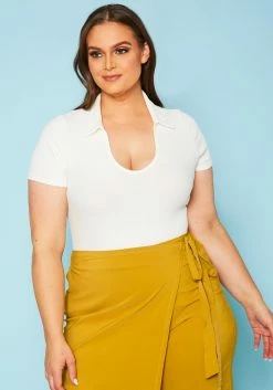 Plus Size Open Collar Ribbed Bodysuit