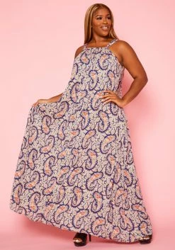 Plus Size Paisley Print Maxi Flare Dress