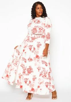 Plus Size Antique Floral Print Crop Top & Maxi Skirt Set