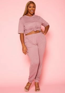 Plus Size Knit Half Sleeve Top And Jogger Pants Set