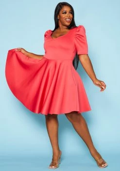 Plus Size Puff Sleeve Flare Mini Dress
