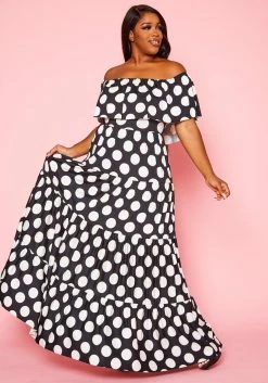 Plus Size Polka Dot Print Flare Maxi Dress