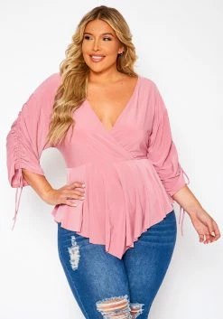 Plus Size Surplice Shirred Sleeve Peplum Blouse
