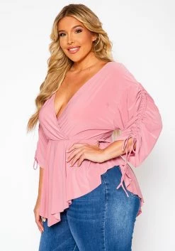 Plus Size Surplice Shirred Sleeve Peplum Blouse -Asoph Sales Shop 2021079 001 3
