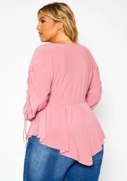 Plus Size Surplice Shirred Sleeve Peplum Blouse -Asoph Sales Shop 2021079 001 4