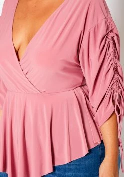 Plus Size Surplice Shirred Sleeve Peplum Blouse -Asoph Sales Shop 2021079 001 5