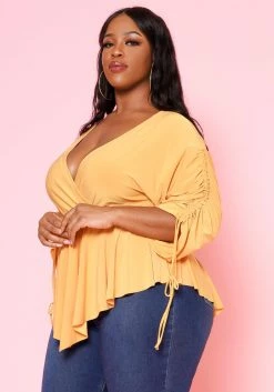 Plus Size Surplice Shirred Sleeve Peplum Blouse -Asoph Sales Shop 2021079 003 3