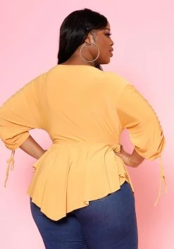 Plus Size Surplice Shirred Sleeve Peplum Blouse -Asoph Sales Shop 2021079 003 4