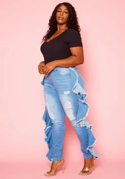 Plus Size Blue Wash Ruffle Hem Denim Jeans -Asoph Sales Shop 2021118 001 2