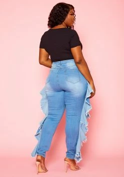 Plus Size Blue Wash Ruffle Hem Denim Jeans -Asoph Sales Shop 2021118 001 3