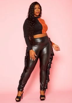 Plus Size Fringe Hem Faux Leather Pants