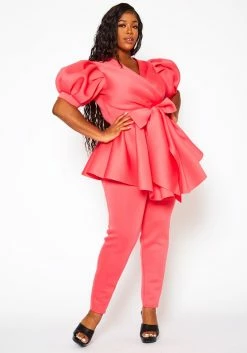 Plus Size Asymmetric Flare Hem Top & Pants Set