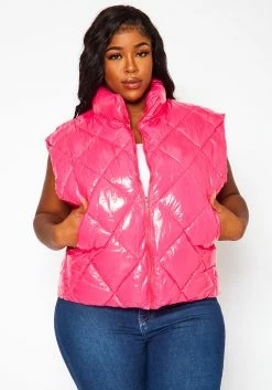 Plus Size PU Faux Leather Puffer Vest