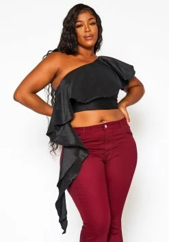 Plus Size Asymmetric Hem One Sleeve Crop Top -Asoph Sales Shop 2021131 001 2