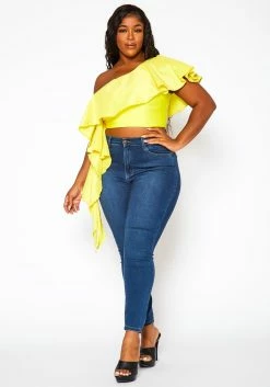 Plus Size Asymmetric Hem One Sleeve Crop Top -Asoph Sales Shop 2021131 002 1
