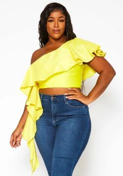 Plus Size Asymmetric Hem One Sleeve Crop Top