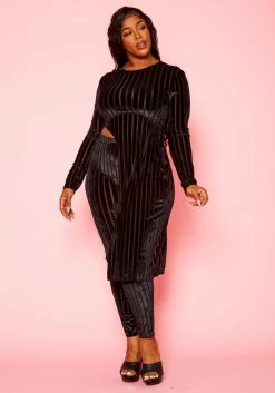 Plus Size Velvet Striped Asymmetric Top & Legging Set -Asoph Sales Shop 2021137 001 1