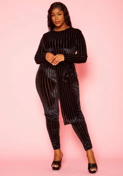 Plus Size Velvet Striped Asymmetric Top & Legging Set