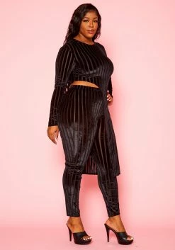Plus Size Velvet Striped Asymmetric Top & Legging Set -Asoph Sales Shop 2021137 001 3