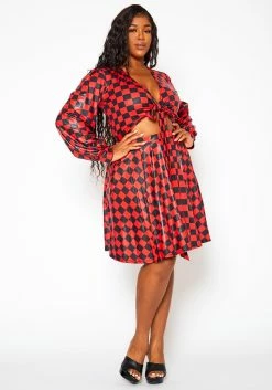 Plus Size Checkered Print Wrap Top & Pleated Skirt Set -Asoph Sales Shop 2021145 001 1