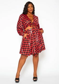 Plus Size Checkered Print Wrap Top & Pleated Skirt Set