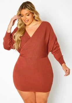 Plus Size Ribbed Knit Dolman Sleeve Mini Dress