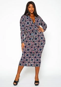 Plus Size Abstract Pattern Bodycon Midi Dress