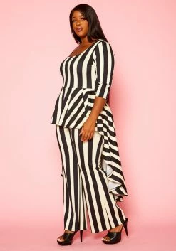 Plus Size Striped High Low Peplum Top & Pants Set -Asoph Sales Shop 2021306 001 3