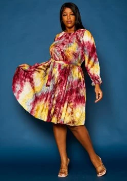 Plus Size Tie Dye Fit & Flare Pleated Dress