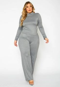 Plus Size Casual Long Sleeve & Flare Pants Set
