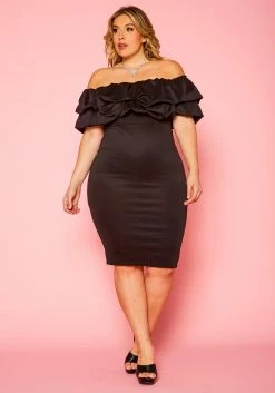 Plus Size Off Shoulder Ruffle Hem Dress