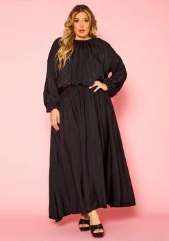 Plus Size Solid Long Sleeve Flare Maxi Skirt Set -Asoph Sales Shop 2021333 001 2