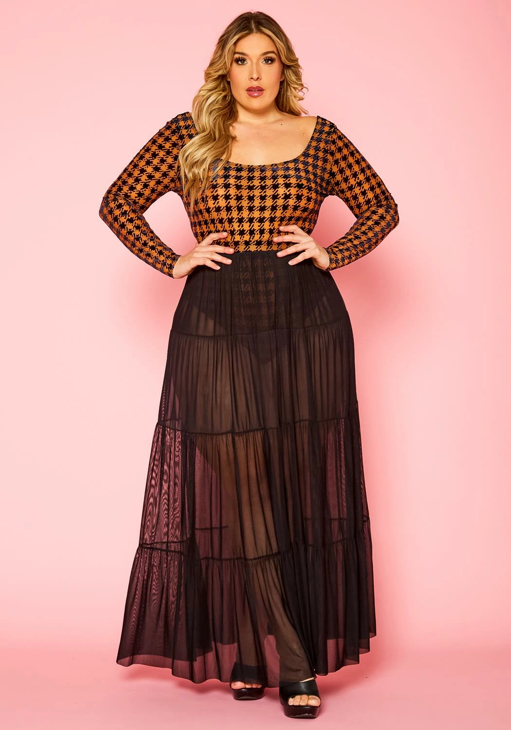 Plus Size Houndstooth Plaid Bodysuit & Tulle Skirt Set 2 Plus Size Houndstooth Plaid Bodysuit & Tulle Skirt Set - Image 2