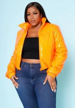 Plus Size PU Leather Puffer Jacket