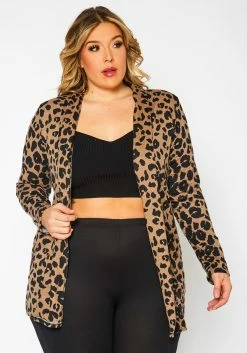 Plus Size Animal Print Open Front Cardigan