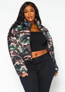 Plus Size Camo Print High Neck Puffer Jacket
