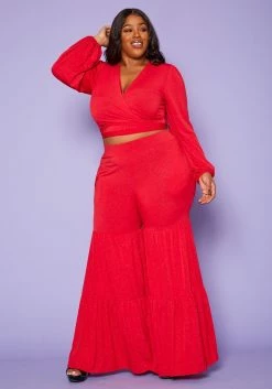 Plus Size Wrap Crop Top & Bell Flare Pants