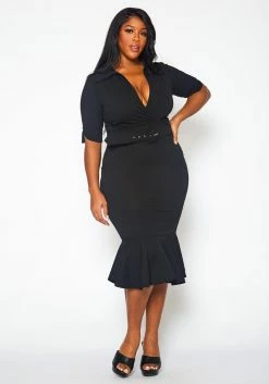 Plus Size Open Collar Mermaid Flare Midi Dress