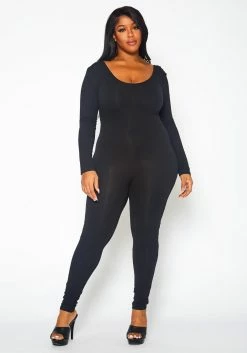 Plus Size Solid Long Sleeve Fitted Jumpsuit