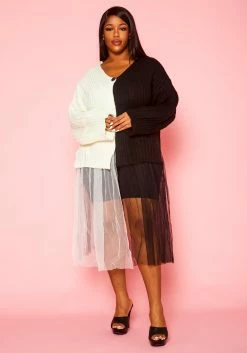 Plus Size Cable Knit Tulle Finished Cardigan