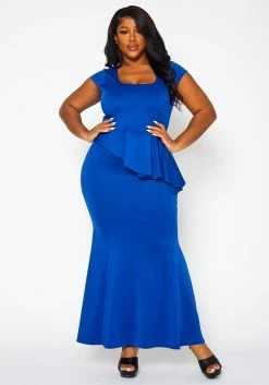 Plus Size Asymmetric Peplum Mermaid Hem Gown
