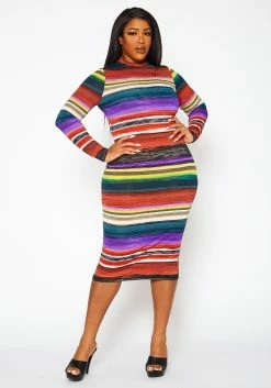 Plus Size Multi Color Pattern Long Sleeve Midi Dress